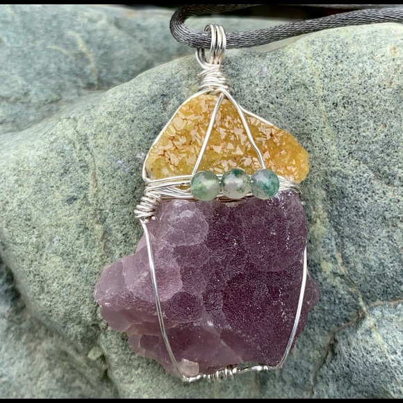 Gold Barite, Fluorite Drusy & Moss Agate Necklace - Picture 14 of 16